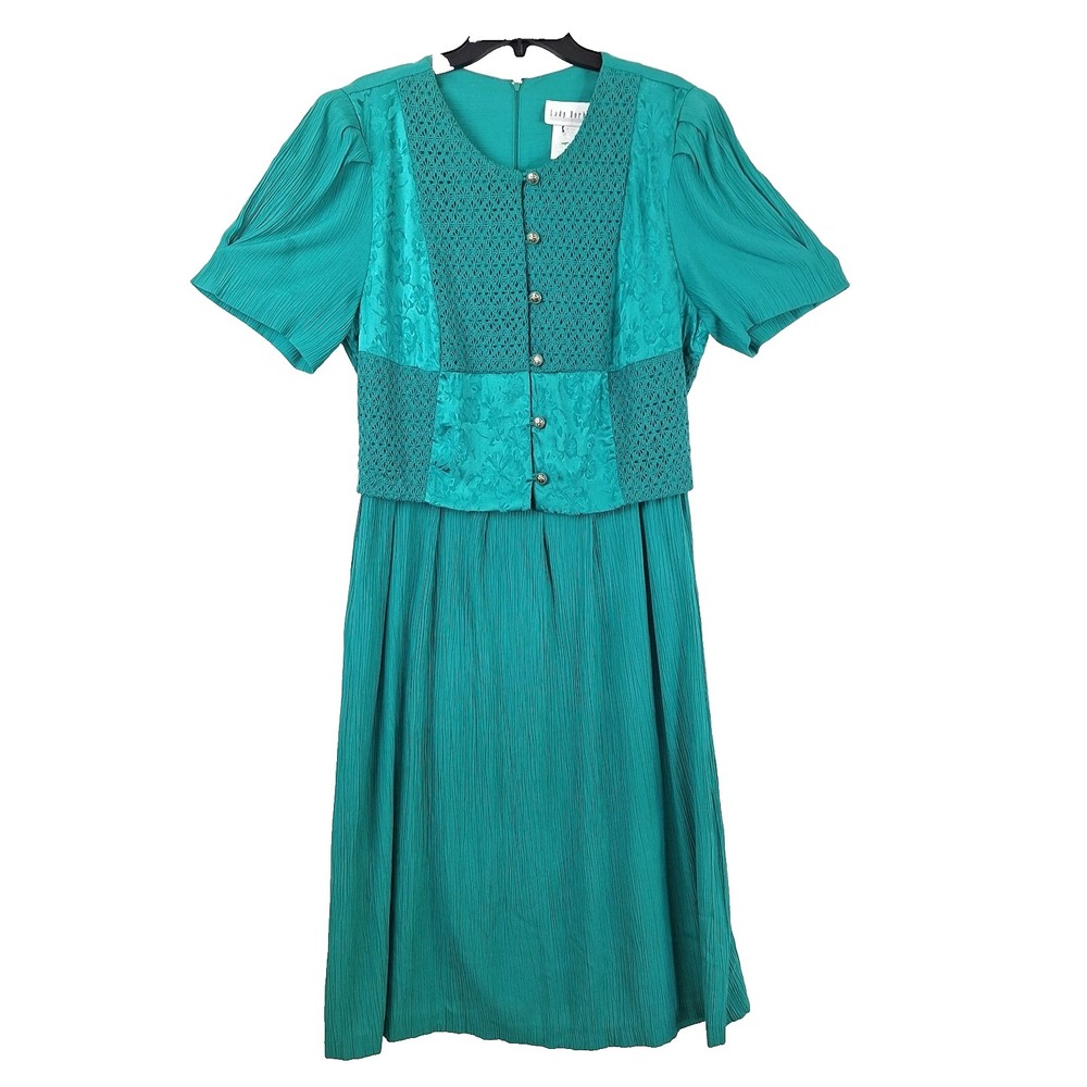 Vintage 80s 90s Cottagecore Grandma Chic Lady Dorby 20W Emerald‎ Green Dress
